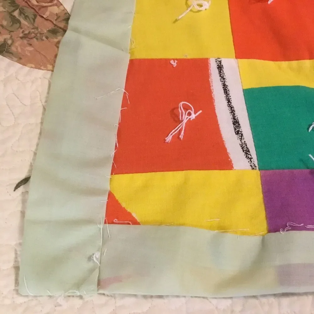 Vintage Hand Sewed Baby Patchwork Quilt‎ 70s White tacked Yellow Orange 60x39